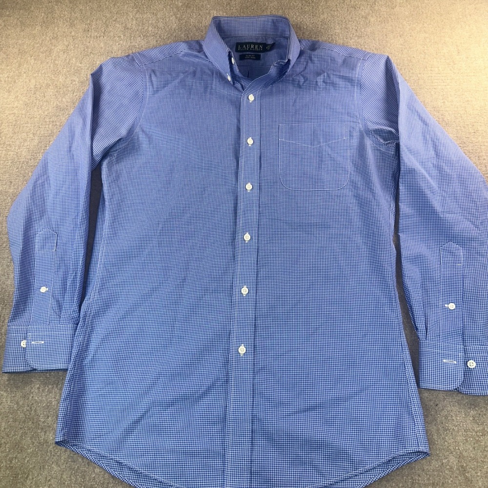 Lauren Ralph Lauren Mens Blue Micro Check Slim Fit Non Iron Dress Shirt 15 32/33